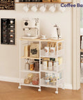 Slick 4 Tier Rolling Kitchen Island Cart With Dreamy White Wood Top And Slatted Metal Storage Shelves Hella Spacious Coffee Bar Cabinet For Dining Room Pantry Office Featuring Smooth Locking Casters And Sturdy Side Hooks, filled with coffee supplies and cups.