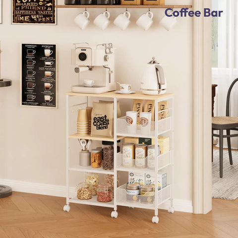 Slick 4 Tier Rolling Kitchen Island Cart With Dreamy White Wood Top And Slatted Metal Storage Shelves Hella Spacious Coffee Bar Cabinet For Dining Room Pantry Office Featuring Smooth Locking Casters And Sturdy Side Hooks, filled with coffee supplies and cups.