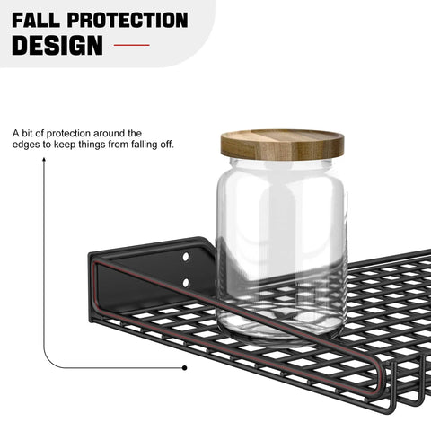 Close-up of Heavy-Duty Wall Mounted Garage Shelves 2 Pack Metal Storage Racks Black 23.5 By 12 Inches with jar and fall protection design