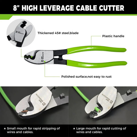 8 Inch Wire Cable Cutter with plastic handle and thickened steel blade from 4 Piece Bolt Cutter Set With 14 Inch Heavy Duty Bolt Cutter, 8 Inch Mini Bolt Cutter, 8 Inch Wire Cable Cutter, And 8 Inch Wire Rope Cutter With Carrying Bag, CRV Blade For Cutting Locks, Steel Wire, And Chains.