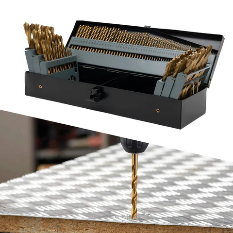 Top Tier 115 Piece Cobalt Drill Bit Set With High Speed Steel Twist Jobber Bits Featuring Durable Round Shank For Hardened Steel Wood Plastic Sheet Metal Plus Snazzy Storage Box Ready To Rock, open case and drill bit on sheet metal