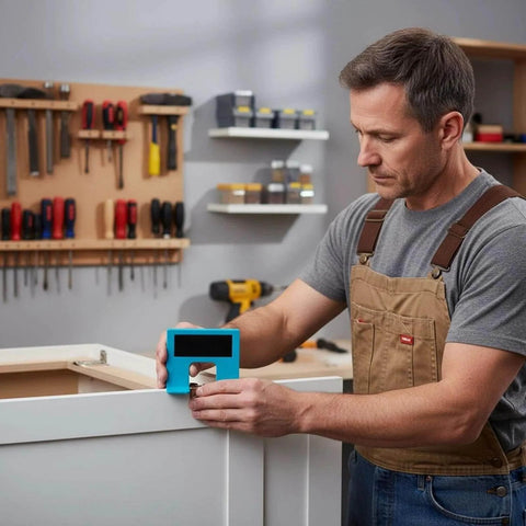 Man using Door Jamb Hinge Jig The Easy Hinge Mate Adjustable Door Installation Tool for hands-free hinge and cabinet setup