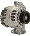Side view of Remanufactured Car Alternator 334-2857 with high temp bearings and double lip seals, showing pulley and housing.
