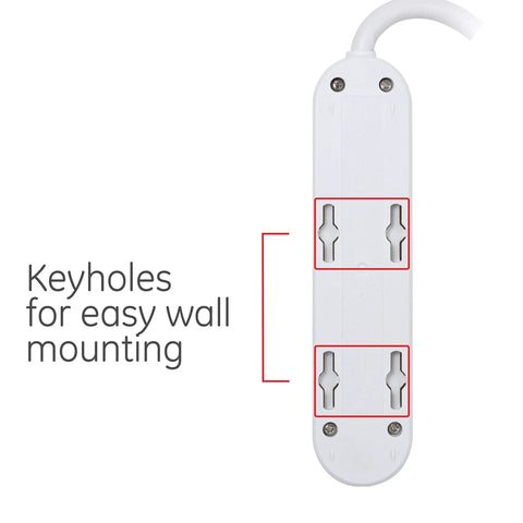 Back view of Four Outlet Power Strip With 1.5 Foot Extension Cord showing keyholes for wall mounting.