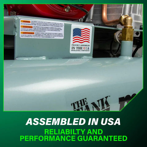 Close-up of The Tank XL 9-Gallon Gas Wheelbarrow Air Compressor With Honda GX200 Engine, USA flag label visible on unit