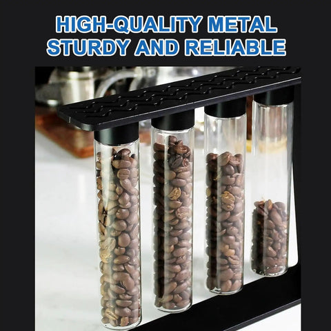 Single Dose Coffee Bean Storage Glass Tubes With One-Way Degassing Valves To Lock In Freshness And Trap Aroma Inside. Set of four glass canisters with coffee beans.