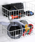 Image showing Four Piece Metal Slatwall Baskets And Bins Set For PVC Slatwall Garage Panels, Hanging Storage Bins, White Finish, 14.5 x 8.5 x 5 Inches, holding tools and cables.