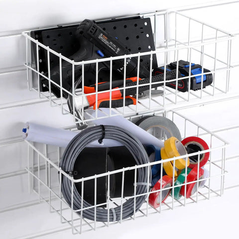 Image showing Four Piece Metal Slatwall Baskets And Bins Set For PVC Slatwall Garage Panels, Hanging Storage Bins, White Finish, 14.5 x 8.5 x 5 Inches, holding tools and cables.