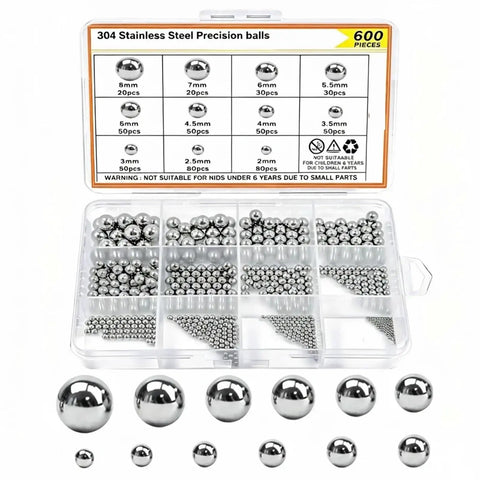 304 Stainless Steel Precision Bearing Balls Set, 12 Sizes, Smooth Finishes, 600 Pieces For Bicycle Bearings And DIY Projects, Rust Resistant Beefy Pro Grade Ball Assortment Kit in case