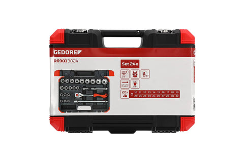 Red Half Inch Drive Socket Set, 24 Piece Bi-Hex Sockets From 10mm To 32mm, 72-Tooth Lever Change Ratchet, 125mm To 250mm Extension, T Handle, And Three-Eighth Inch To One-Half Inch Adapters, Built For DIY Or Pro Use