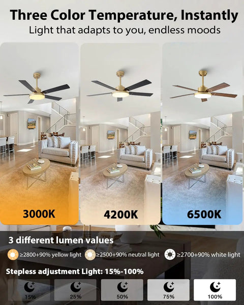 52 Inch Gold And Black Ceiling Fan With Lights And Remote App Indoor Outdoor Smart Fan color temperature settings