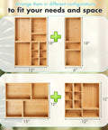 Bamboo Drawer Organizer Set Of 9 For Kitchen And Office, shown in two configurations to fit various drawer sizes and spaces.