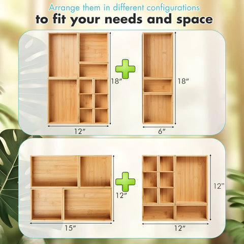 Bamboo Drawer Organizer Set Of 9 For Kitchen And Office, shown in two configurations to fit various drawer sizes and spaces.