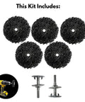 5 Pack 3 Inch Paint Stripping Discs For Drill Attachment Quarter Inch Shank Durable Non-Woven Rust Removal Discs For Metal Surface Prep Paint Removal Rust And Scale displayed with drill attachment components