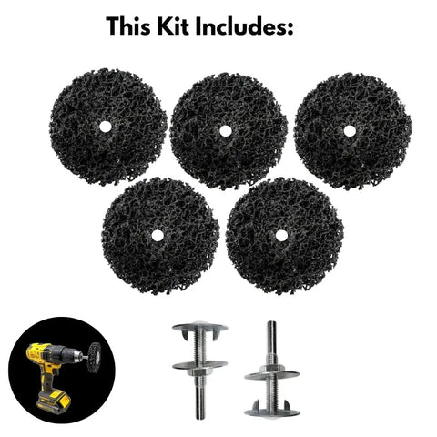 5 Pack 3 Inch Paint Stripping Discs For Drill Attachment Quarter Inch Shank Durable Non-Woven Rust Removal Discs For Metal Surface Prep Paint Removal Rust And Scale displayed with drill attachment components