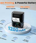 Bluetooth Label Printer M120 On The Go Portable Thermal Barcode Printer with App shown on stand displaying 1200mAh capacity