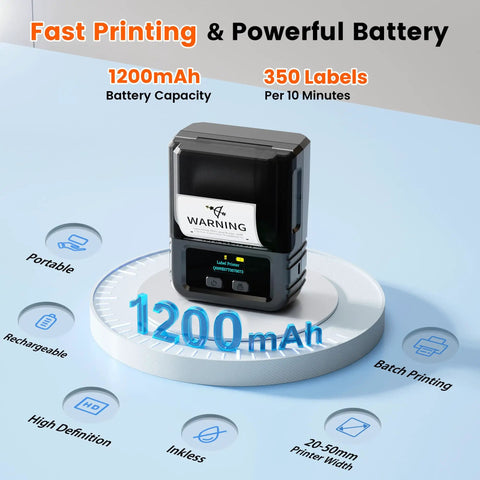 Bluetooth Label Printer M120 On The Go Portable Thermal Barcode Printer with App shown on stand displaying 1200mAh capacity