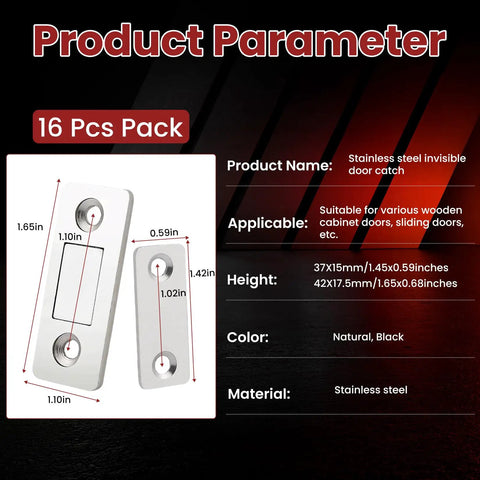 16 Pack Ultra Thin Magnetic Cabinet Catches For No Drill Adhesive Install, Strong 15 Lbs Hold, dimensions and features shown.