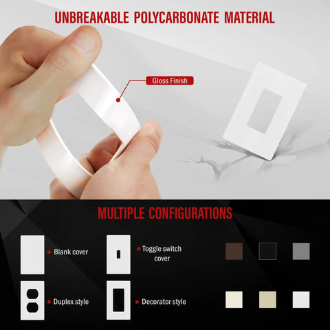 Screwless Decorator Wall Plate 1-Gang White Gloss Finish Outlet Cover, Kid Safe, Unbreakable Polycarbonate Material Display