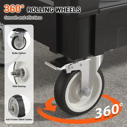 Beefy Rolling Storage Cart 40 By 17 Inches With 1000 Lb Capacity, Workhorse Utility Cart Made From Industrial Grade Polypropylene, Rustproof, Waterproof, Corrosion Resistant For Indoor Or Outdoor Use, close-up of 360° caster with brake