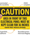 4 Pack OSHA Warning Stickers For Area In Front Of Electrical Panel Must Be Kept Clear For 36 Inches, SuperStick 5 Mil Laminated Polyester, 5 X 7 Inches, Bold Black And Yellow, USA Made, caution sign
