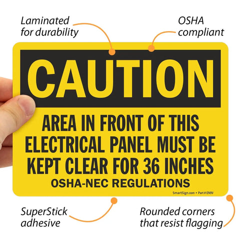 4 Pack OSHA Warning Stickers For Area In Front Of Electrical Panel Must Be Kept Clear For 36 Inches, SuperStick 5 Mil Laminated Polyester, 5 X 7 Inches, Bold Black And Yellow, USA Made, caution sign