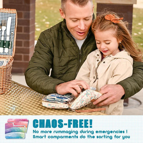 Everlit Care Rescue Pack rainbow first aid kit, opened on a table with a father and daughter — front view