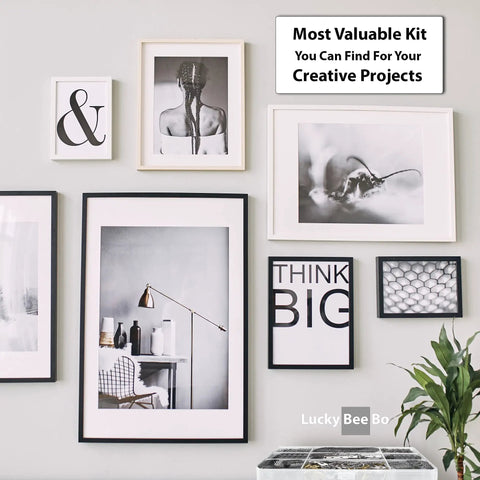 Gallery wall using All In One Picture Hanging Kit With 100 Plus Pieces Including D Ring Screws Hooks Level And Stainless Steel Wire Hanger