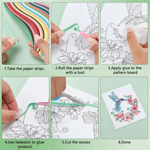 Killer DIY Quilling Kit Featuring 240 Dope Color Strips And A Smooth Guide Tool For Flower Hummingbird Paper Craft Projects Awesome Template Board For Adults Wall Art Decor Plus Sweet Room Vibes, step-by-step process.