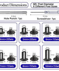 Gunmetal Black M5 Leather Chicago Screws Set, 100 Pieces, Mega Size Kit dimensions and tool details