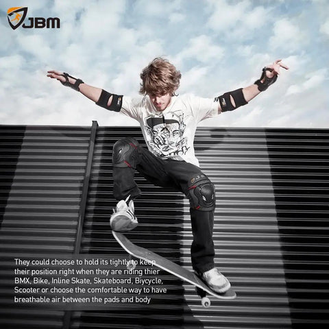 Skateboarder wearing Adult And Youth Knee Pads Elbow Pads With Wrist Guards Protective Gear Set in mid-air
