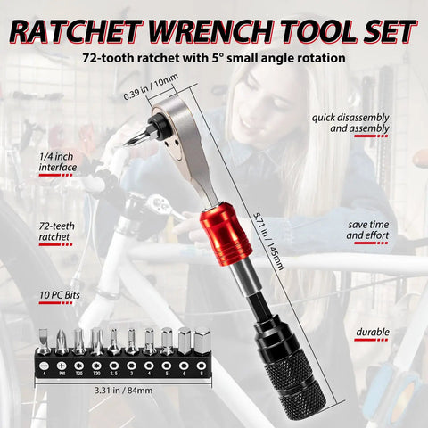 Bike Repair Tool Kit With 10 Magnetic Bits For MTB And Road Bikes, Alloy Multitool with ratchet wrench and interchangeable bits