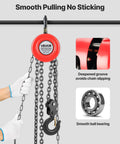 VEVOR hand chain hoist, front view, red housing with galvanized chain and hook