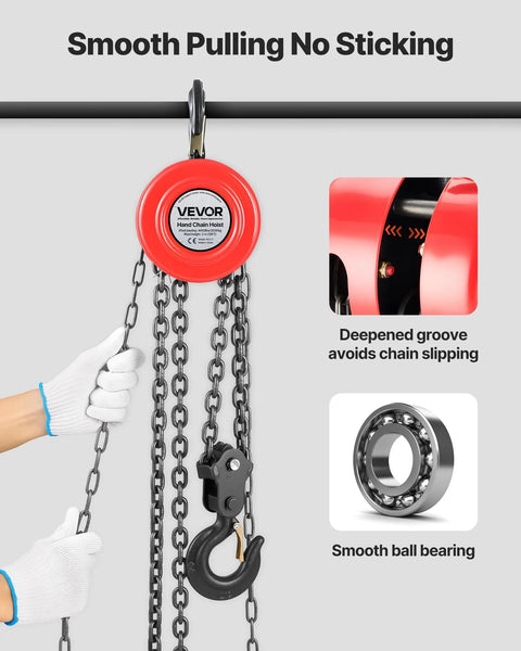 VEVOR hand chain hoist, front view, red housing with galvanized chain and hook