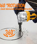 Cordless Metal Nibbler Powered By 20V Max Batteries cutting a circle in steel with 360-degree rotation, 18 gauge electric nibbler