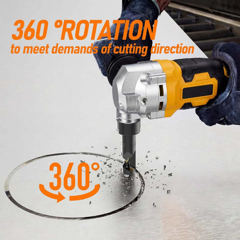Cordless Metal Nibbler Powered By 20V Max Batteries cutting a circle in steel with 360-degree rotation, 18 gauge electric nibbler