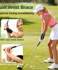 Golfer using 2 In 1 Golf Swing Trainer Set With Wrist Trainer And Arm Band To Fix Wrist Angle, Build Muscle Memory, And Posture.