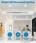 Bright LED recessed lighting in modern living space showing Ultra Thin LED Recessed Ceiling Lights Slim Canless With Integrated Junction Box 5000K Daylight CCT Dimmable Wafer Thin IC Rated And ETL Certified For Safe Easy Install.