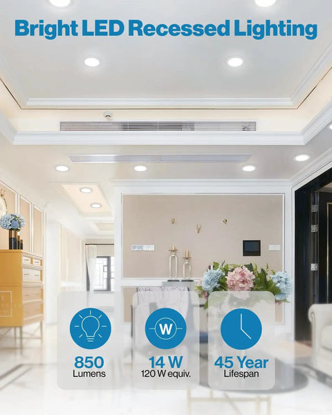 Bright LED recessed lighting in modern living space showing Ultra Thin LED Recessed Ceiling Lights Slim Canless With Integrated Junction Box 5000K Daylight CCT Dimmable Wafer Thin IC Rated And ETL Certified For Safe Easy Install.