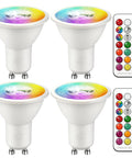 Color Changing GU10 RGB LED Bulb 12 Colors, 5W Dimmable, Remote Pack of 4 with remote controls.