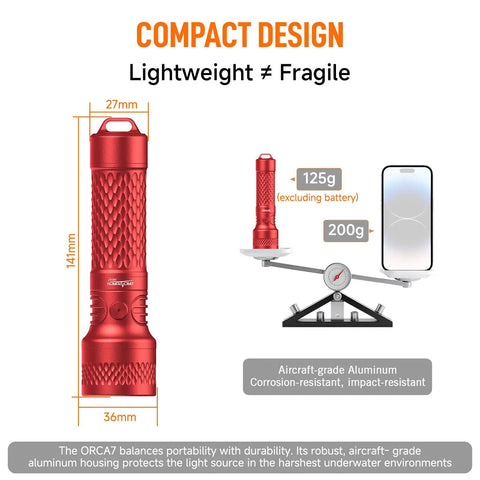 Red Orca7 Dive Light 3000 Lumens Ultra Focused 6 Degree Beam, lightweight aircraft-grade aluminum, compact design.