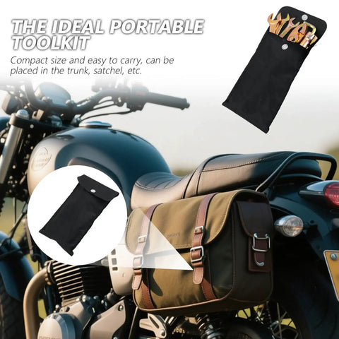 Ride Ready 8 Piece Motorcycle Tools Kit Set Portable Repair Gear in a black pouch attached to a motorcycle's storage bag