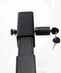Five Eighth Inch Diameter Threaded Receiver Hitch Lock Pin In Black, 11 Threads Per Inch installed on a trailer hitch with keys