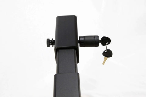 Five Eighth Inch Diameter Threaded Receiver Hitch Lock Pin In Black, 11 Threads Per Inch installed on a trailer hitch with keys