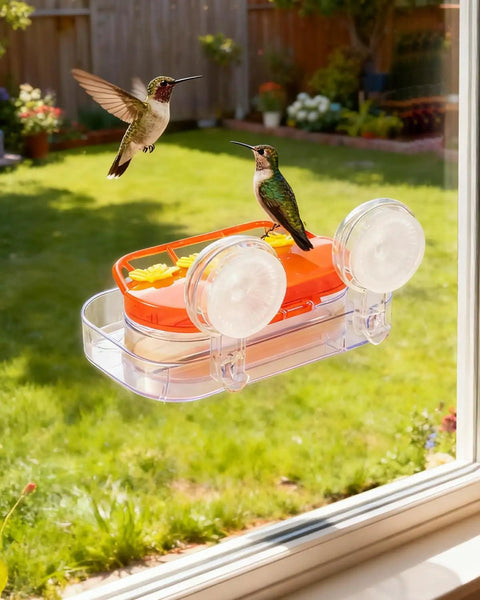 Window Hummingbird Feeder With Dual Suction Cups 4 Feeding Ports Easy To Clean And Refill Clear Plastic Hummingbird Feeder For Garden Ideal Gift 10Oz attached to a window, with hummingbirds feeding, garden view.