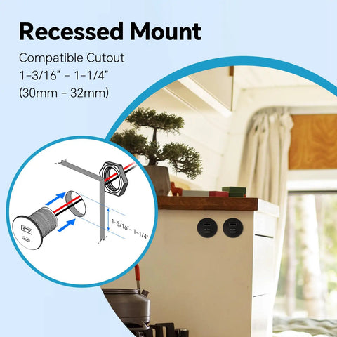 Recessed mount design with compatible cutout dimensions for Blazing Fast 118W 12V USB Socket Featuring 100W Type C Car Charger And 18W Quick Charge Dual Port Fast Charging Adapter For Rv Truck Boat Laptop Go Anywhere Power Hub Hassle Free Install.