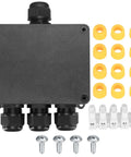 Outdoor IP68 Waterproof 4-Way Junction Box Enclosure Built Tough For Underground Wiring with cable accessories and screws.