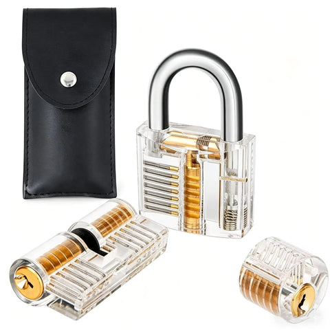 Mechanical Learning Kit With Transparent Demonstration Model And Precision Metal Tools, clear locks and black case view