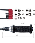 Impact Driver Set Pro Grade Beefy Build With Alloy Steel Body And Soft Resin Handle, 7 Piece Kit, showing dimensions and bits.