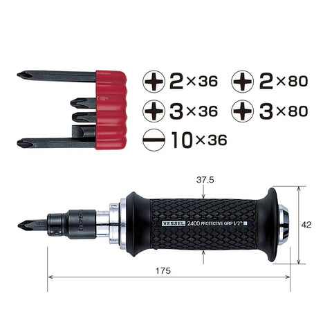Impact Driver Set Pro Grade Beefy Build With Alloy Steel Body And Soft Resin Handle, 7 Piece Kit, showing dimensions and bits.
